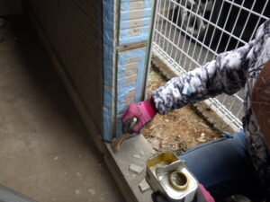 隙間などにシリコーンシーラントプライマーD3を塗り、変成コーキングの接着性を高めていきます。