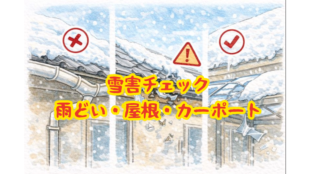雪害で破損した雨どい・カーポート・屋根のイラスト