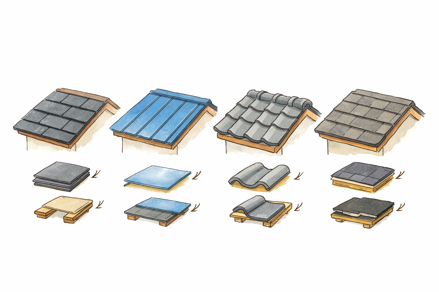 化粧スレート、金属屋根、瓦、アスファルトシングルの違いを並べた比較イラスト