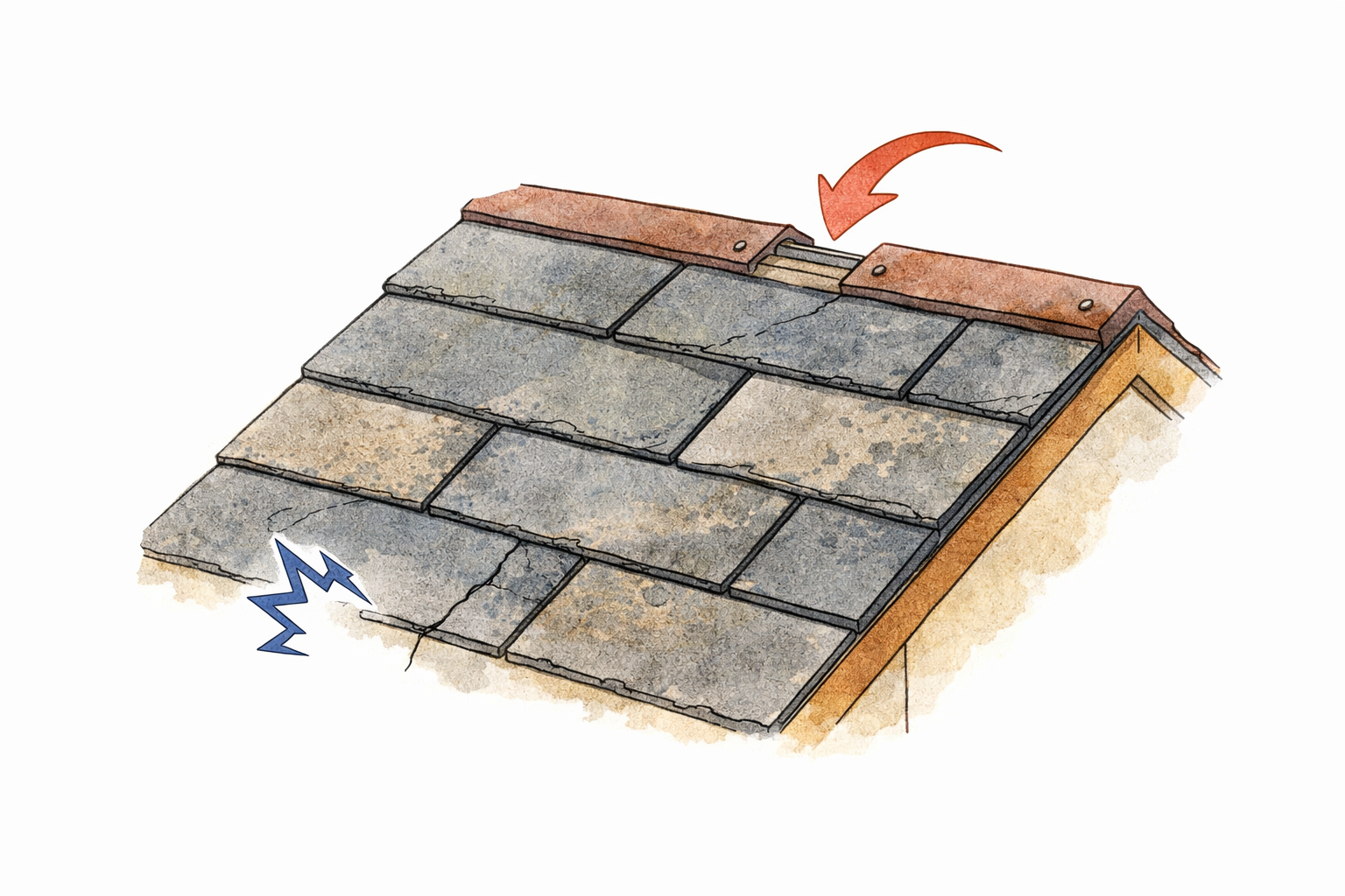 化粧スレート屋根の割れや色あせ、棟板金の浮きを示したイラスト