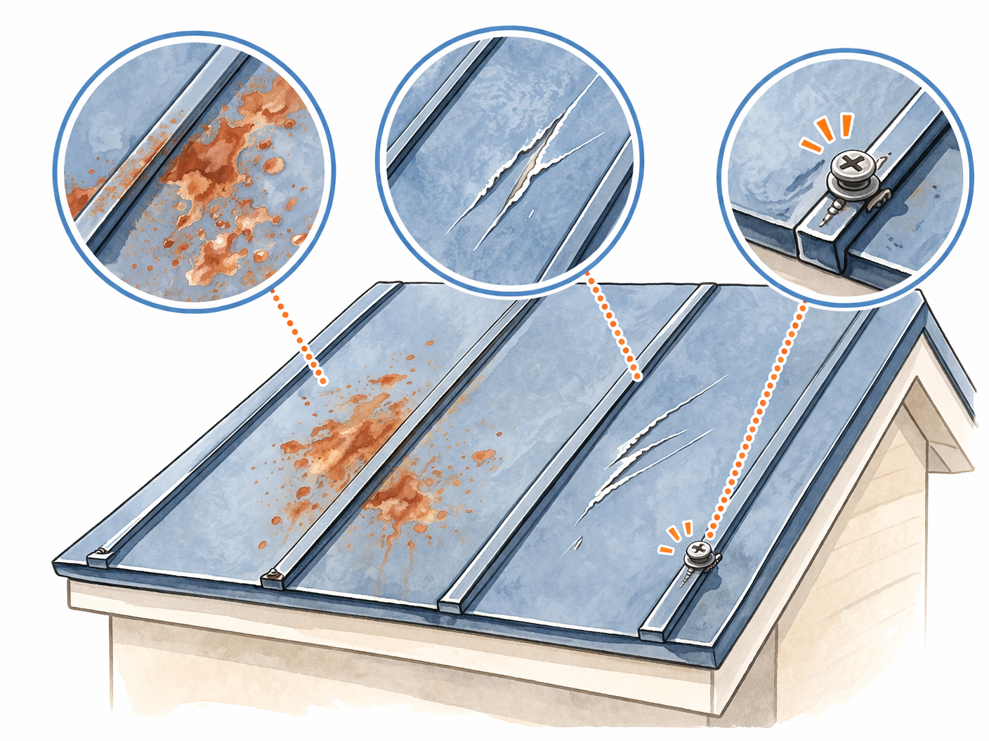 金属屋根のサビ、傷、ビス緩みを示したイラスト