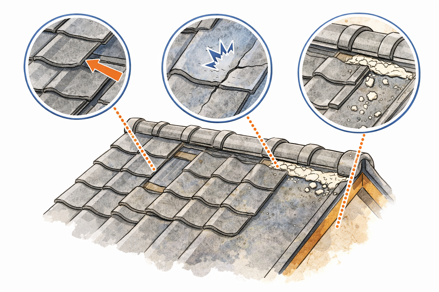 瓦のズレ、割れ、漆喰の剥がれを示したイラスト