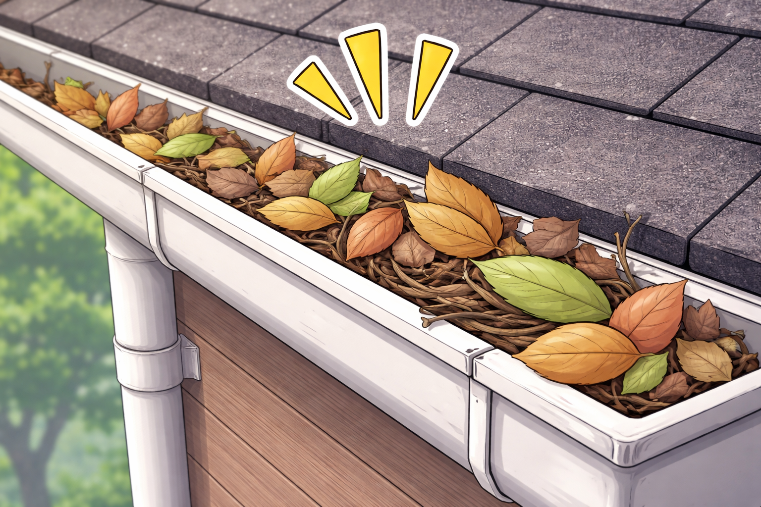 雨樋に落ち葉が詰まっているイラスト