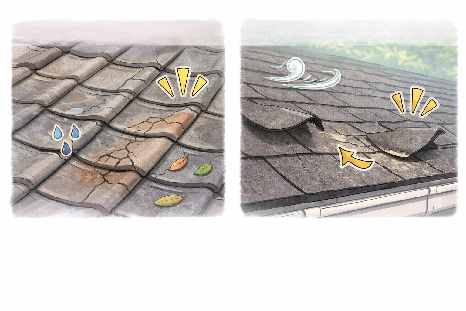 築年数に応じて点検、補修、カバー工法、葺き替えへ進む流れを示したイラスト