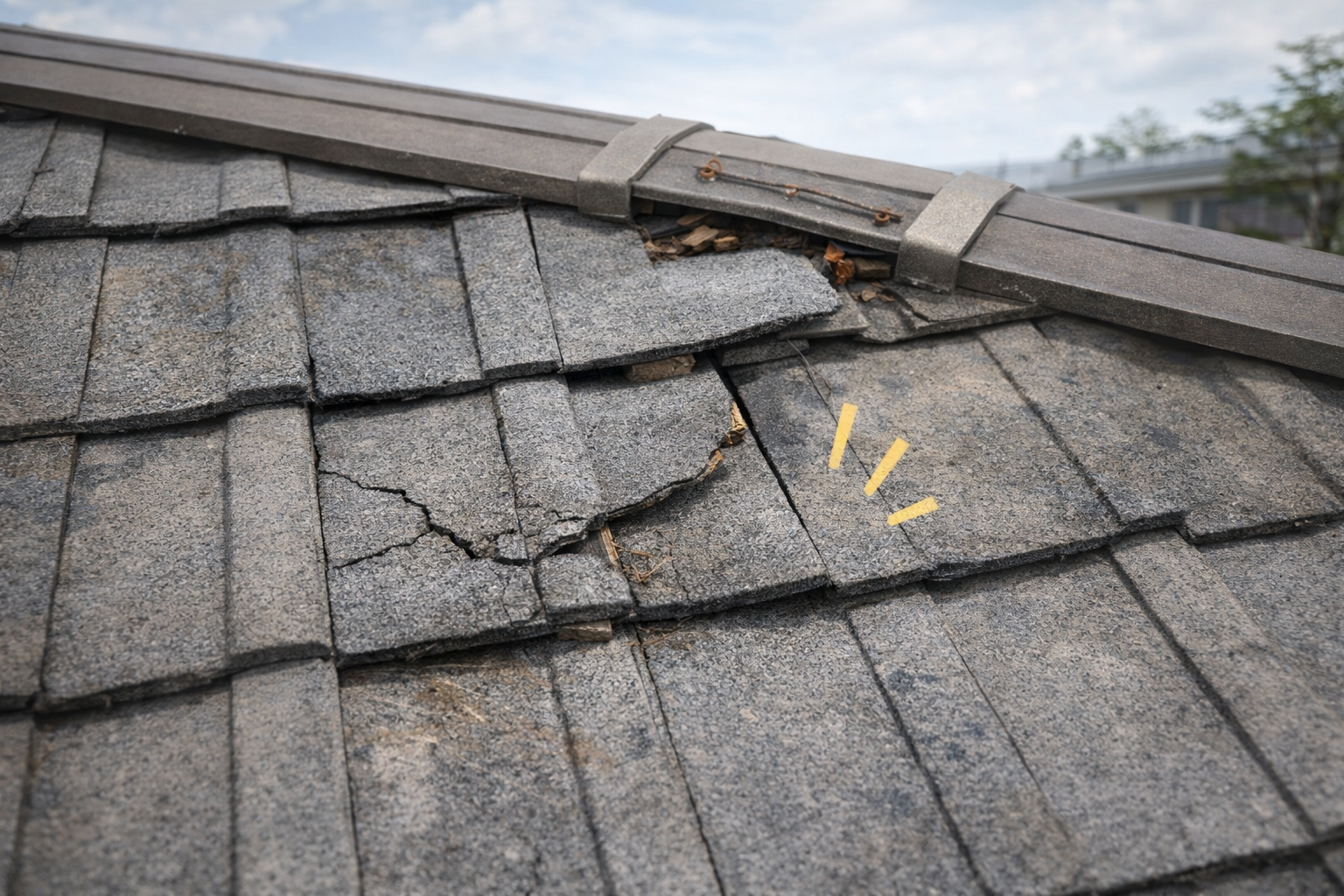 屋根材のズレや割れ、棟板金の浮きを示した説明イラスト