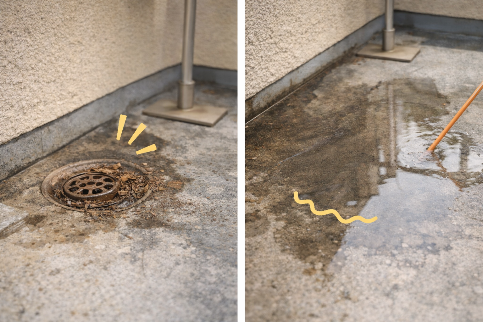 ベランダ排水口の詰まりや水たまりを示した説明イラスト