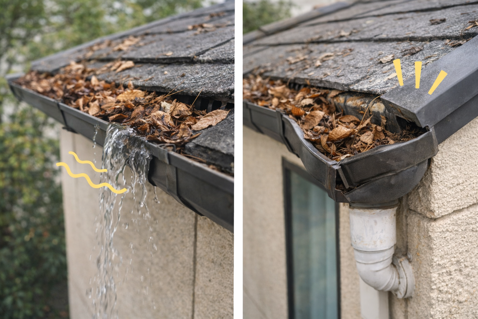 雨どいに落ち葉が詰まり、あふれや変形が起きている説明イラスト