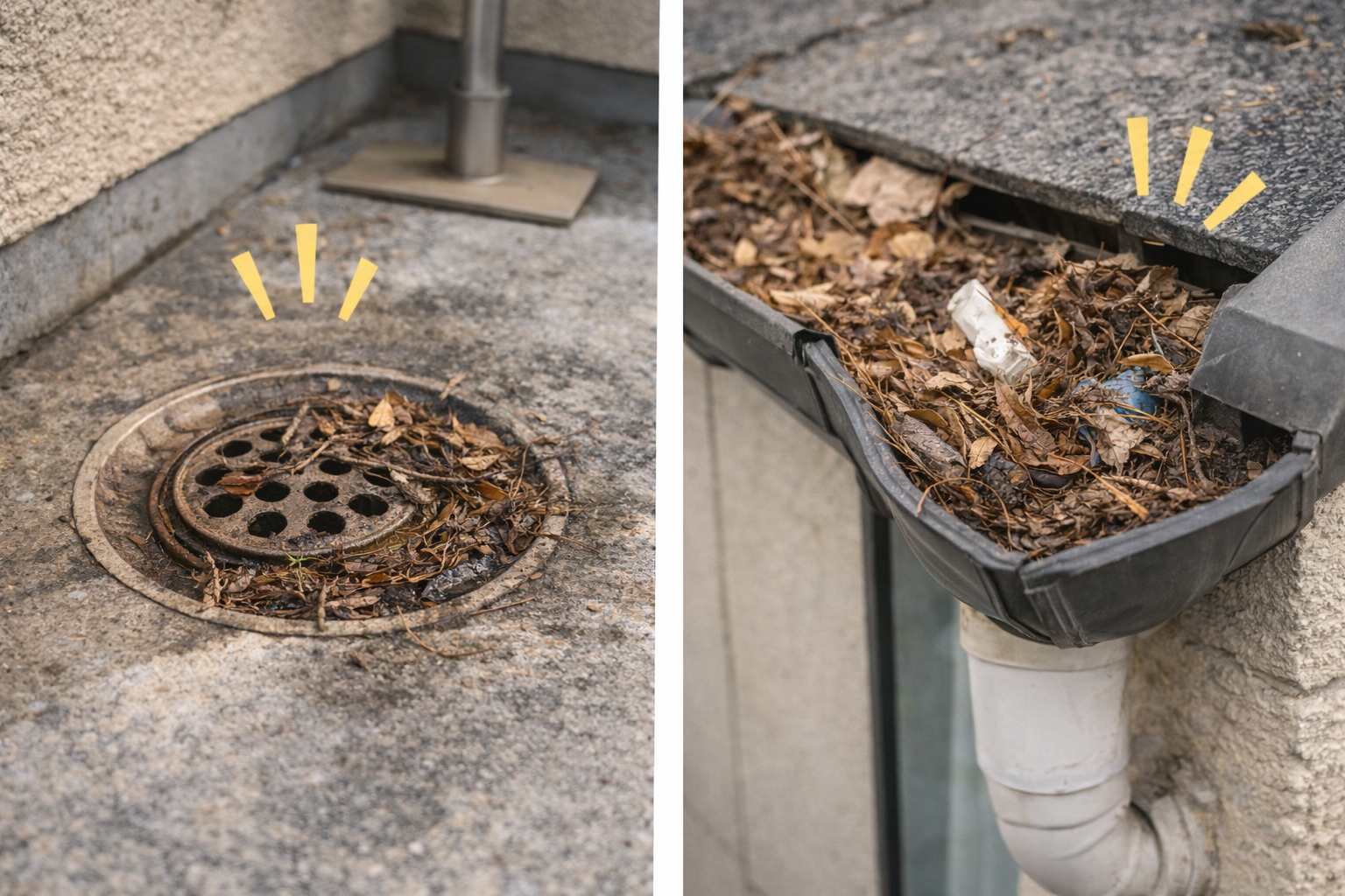 ベランダ排水口や雨どいにゴミが詰まっているイラスト