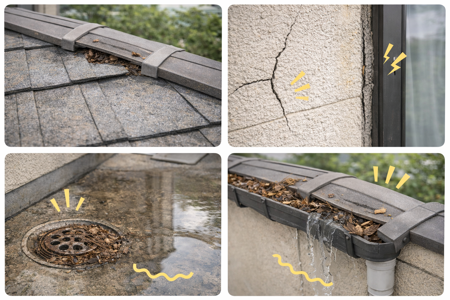 梅雨前に屋根・外壁・ベランダ・雨どいを点検している説明イラスト