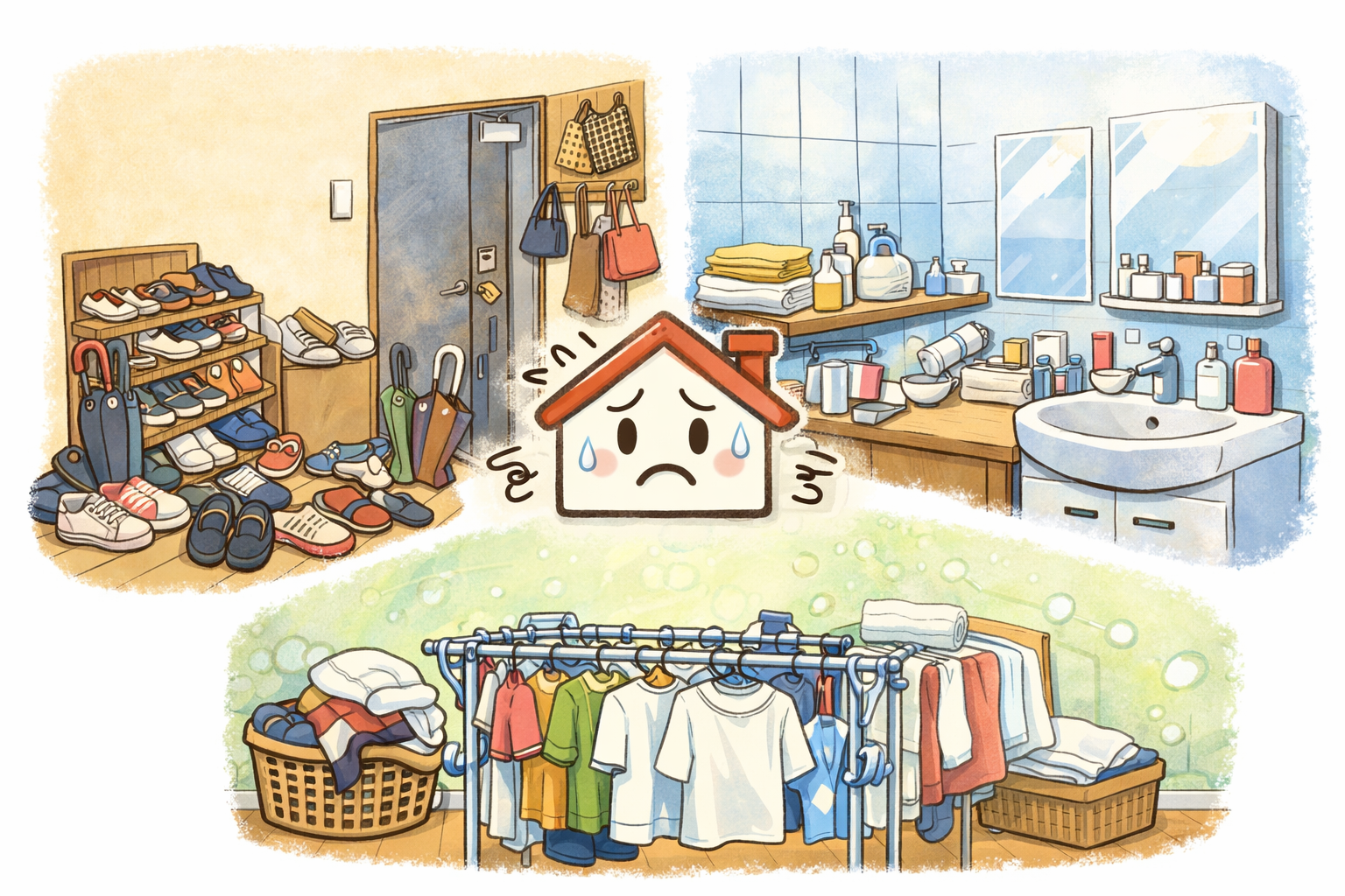 新生活で玄関・洗面所・室内物干しの収納不足が起きている様子をまとめたイラスト