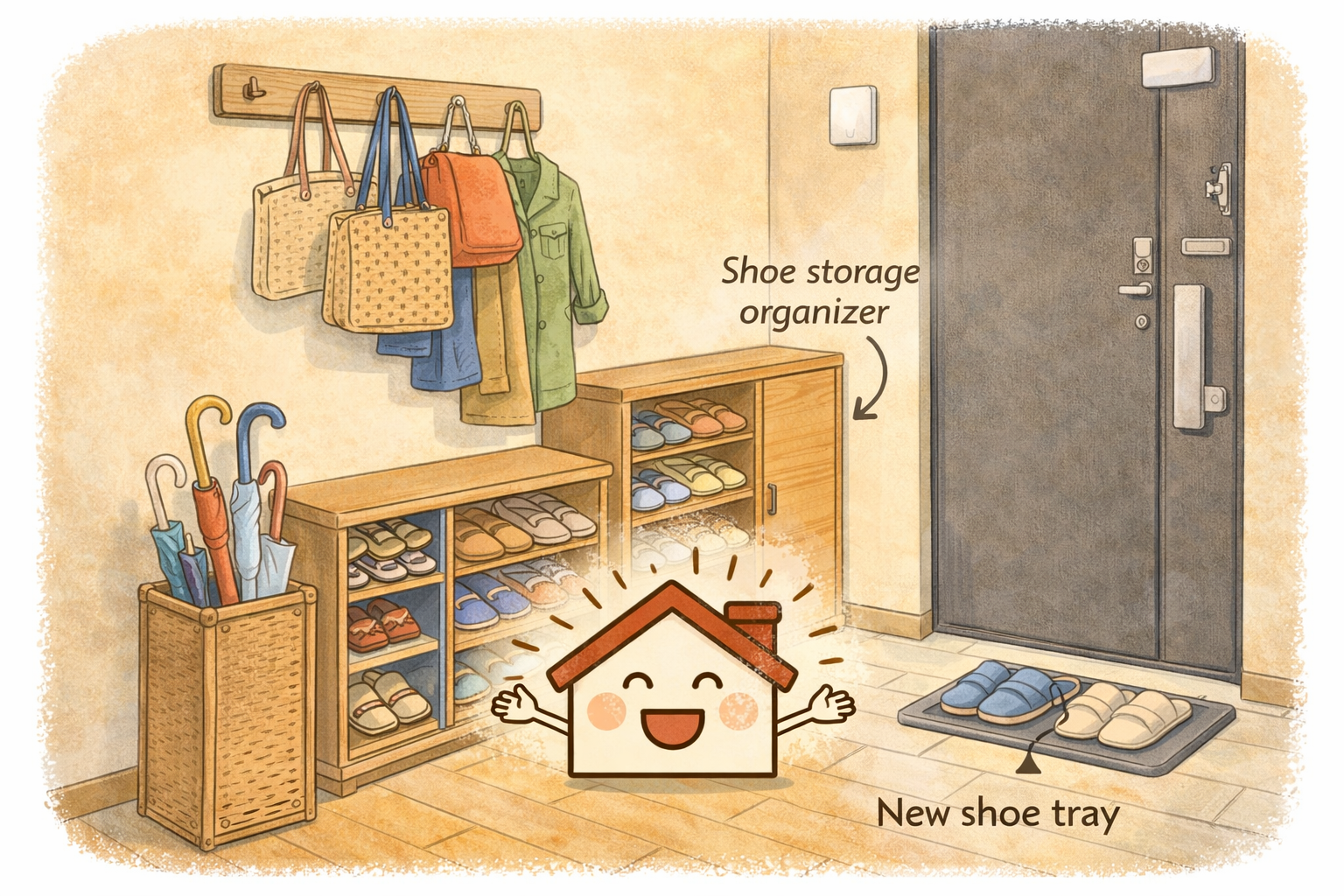 玄関で靴や上着やカバンがあふれていた、収納不足が改善されたイラスト