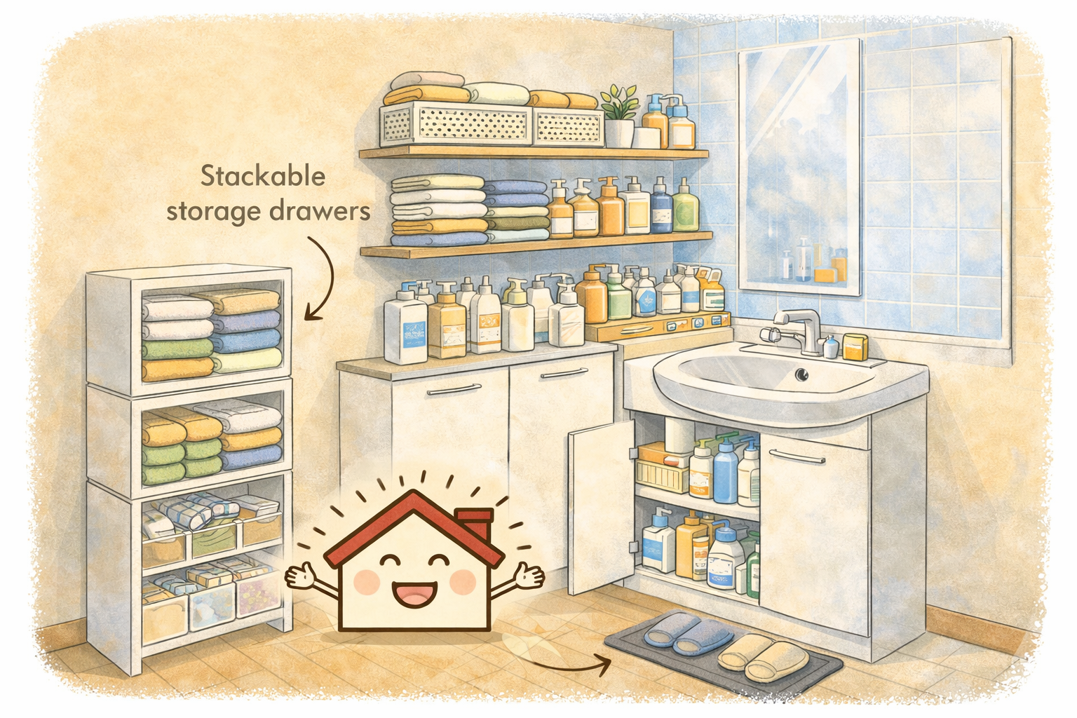 洗面所でタオルや洗剤やストック品があふれていた、収納が改善されたイラスト