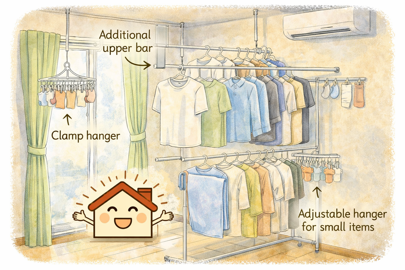 室内物干しの場所が足りず、洗濯物が干しにくなったことが改善されたイラスト