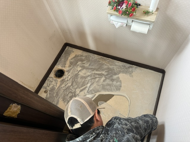 トイレ床に接着剤を塗布している様子