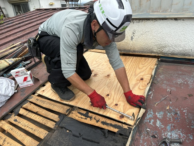 瓦棒屋根の下地に合板を張っている様子