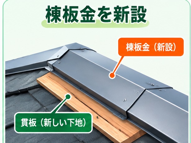 貫板と新しい棟板金の取り付け