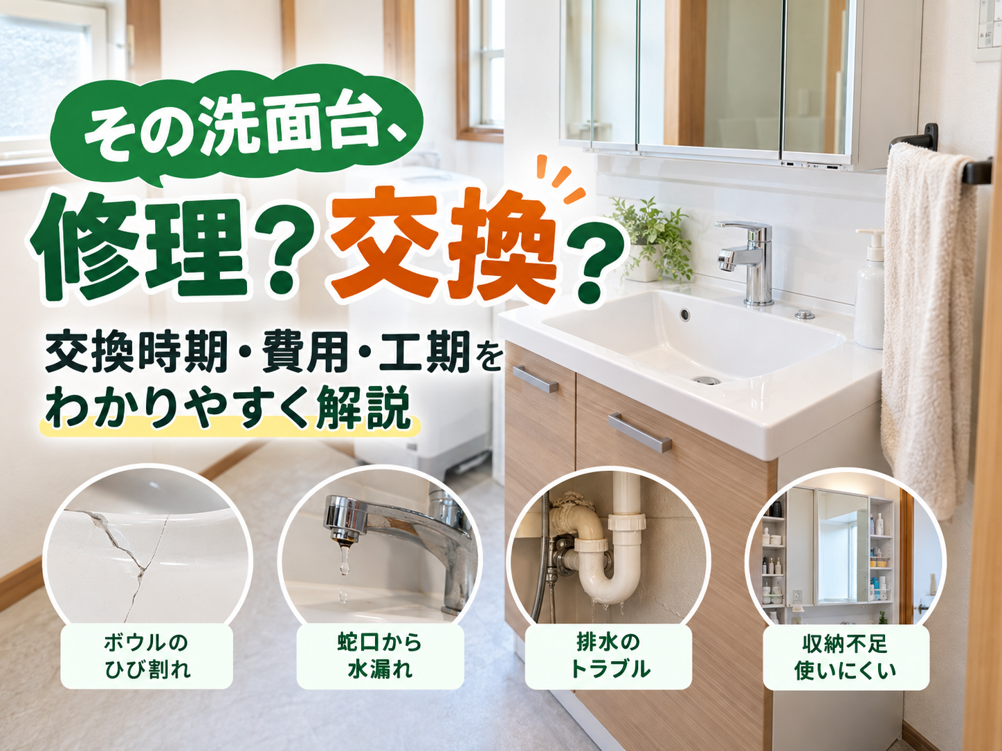 洗面ボウルのひび割れ・蛇口の水漏れ・排水トラブル・収納の使いにくさを図解